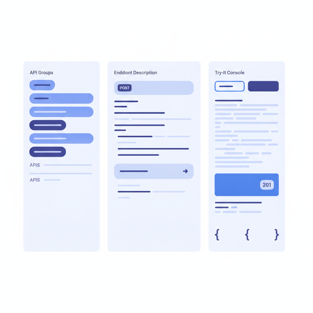 Screenshot-style wireframe of the Apidoke three-column view: left navigation showing API groups, center panel showing a POST endpoint description, right panel showing the try-it console with a 201 response body