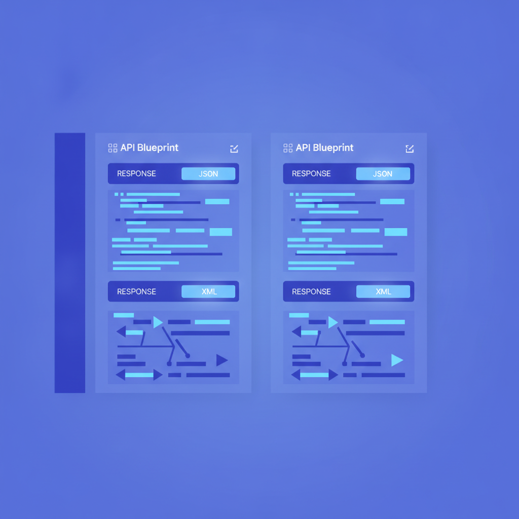 Side-by-side comparison of two API Blueprint response blocks in a 3-column doc layout, showing JSON and XML tabs in the response pane