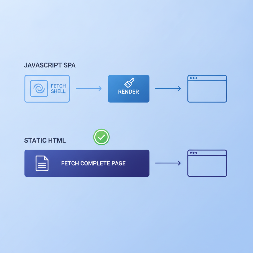 A diagram showing two parallel crawl paths: one for a JavaScript SPA (two-step: fetch shell, then render) versus one for static HTML (one-step: fetch complete page), with a green checkmark on the static path