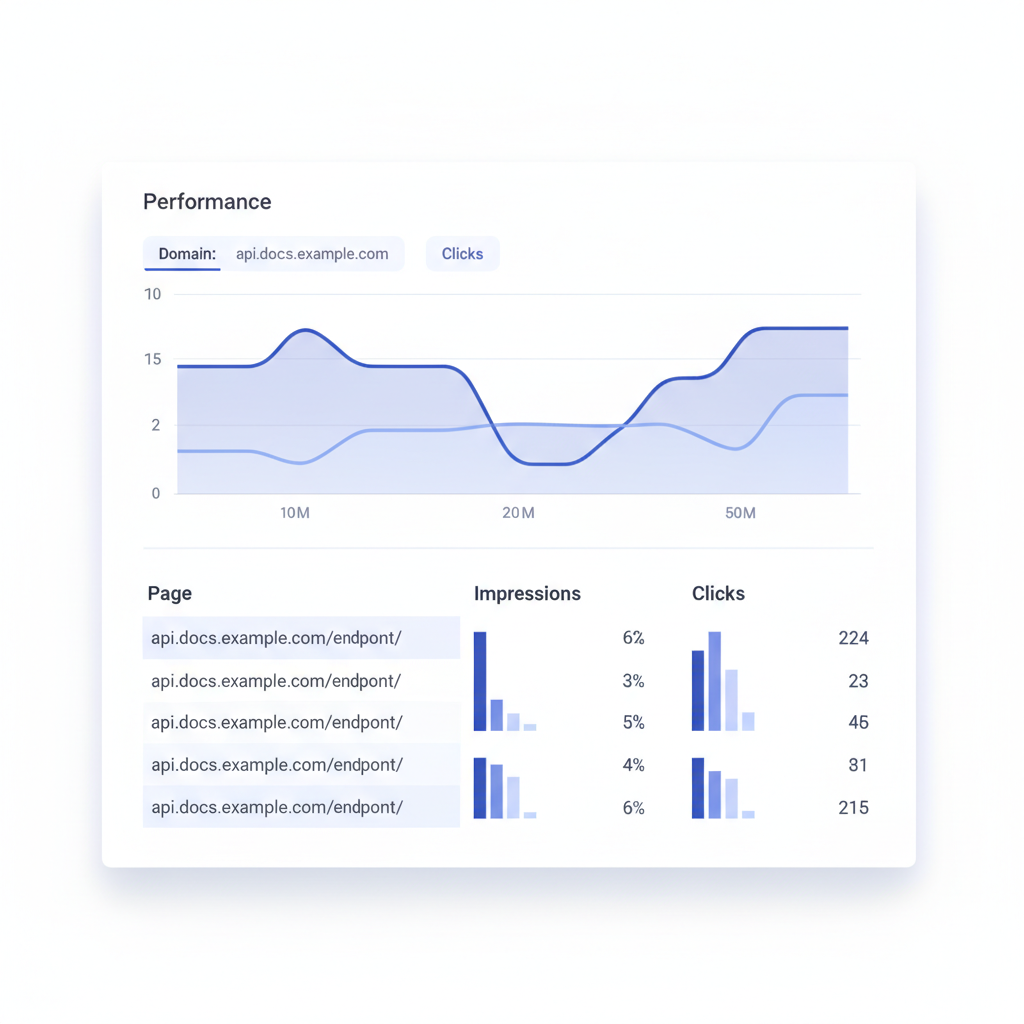 A mockup of Google Search Console showing the Performance report filtered to an API docs subdomain, with impressions and clicks visible per endpoint page URL