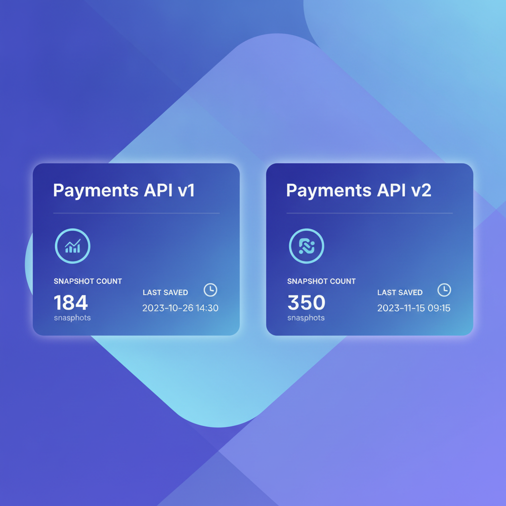 Two Apidoke project cards in a dashboard view, one labelled Payments API v1 and one labelled Payments API v2, each showing a snapshot count and last-saved timestamp