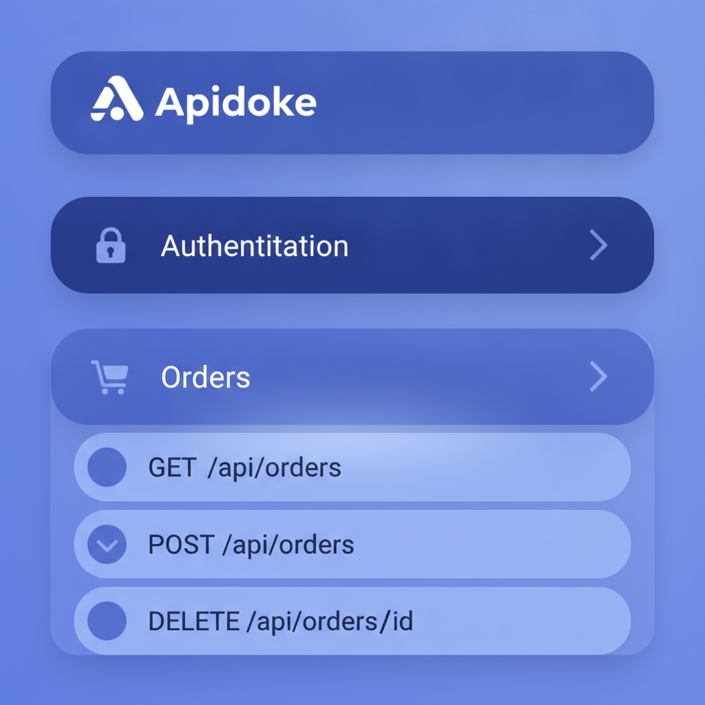 Close-up of Apidoke's left navigation panel showing two collapsed group sections labeled Authentication and Orders, with endpoint names visible inside the Orders group