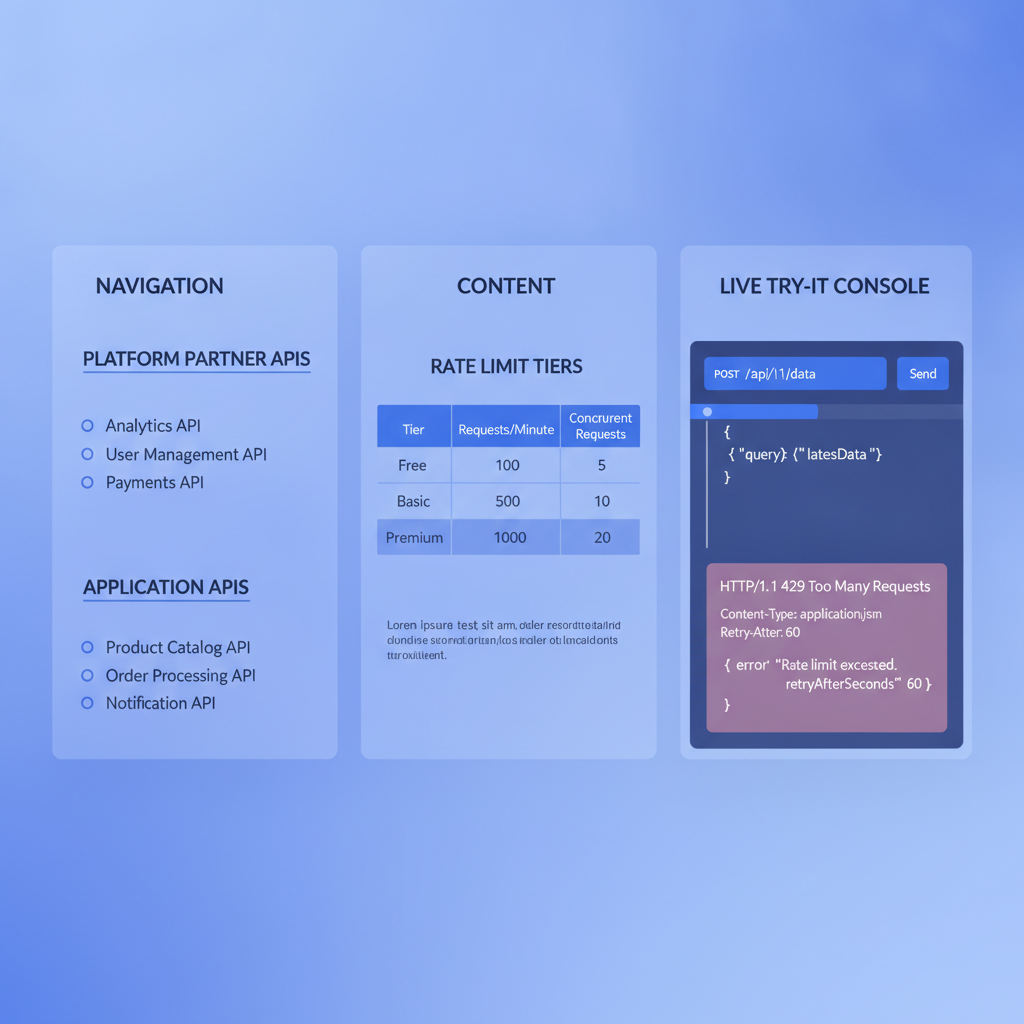A 3-column API documentation layout showing navigation on the left with group sections for Platform Partner APIs and Application APIs, a content column in the middle with a rate limit tier table, and a live try-it console on the right showing a 429 response