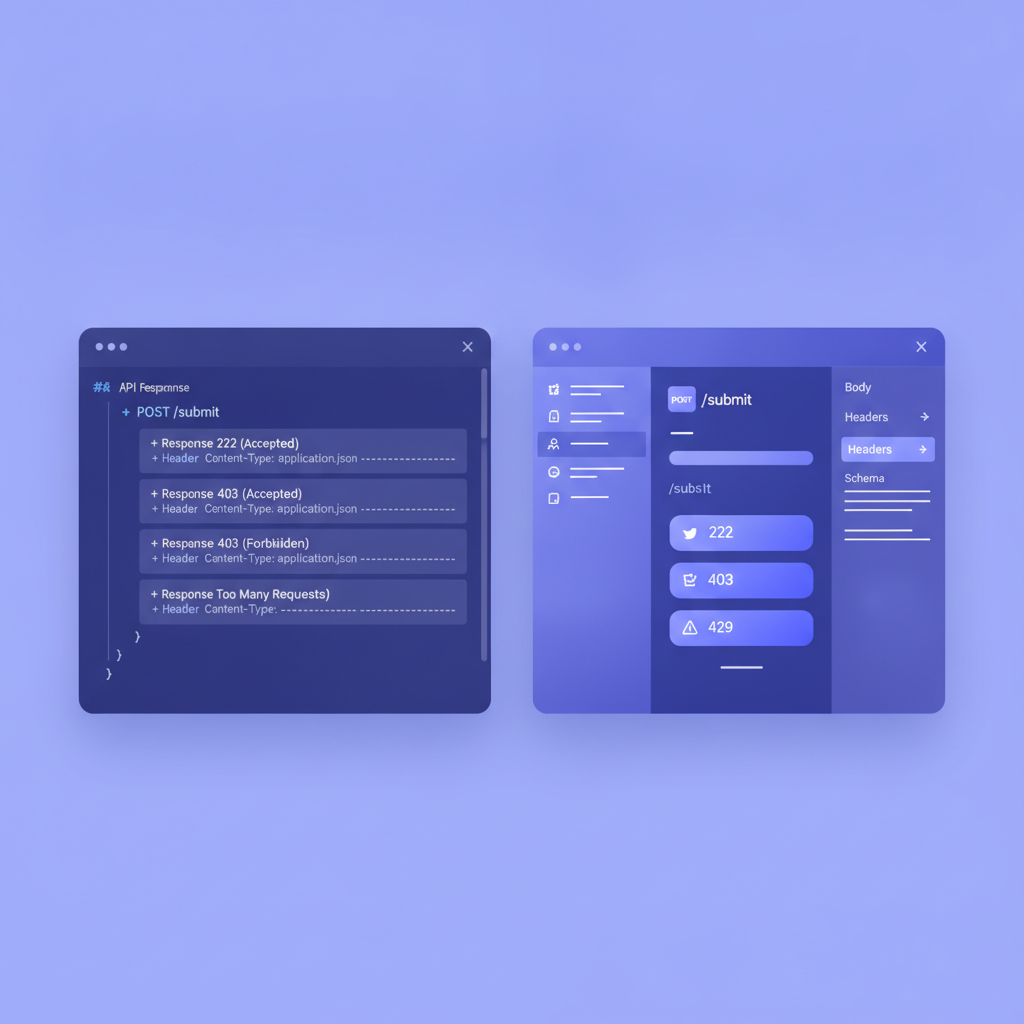 Apidoke split-pane editor showing API Blueprint source on the left with a multi-response endpoint including 202, 403, and 429 response codes, and the rendered 3-column preview on the right