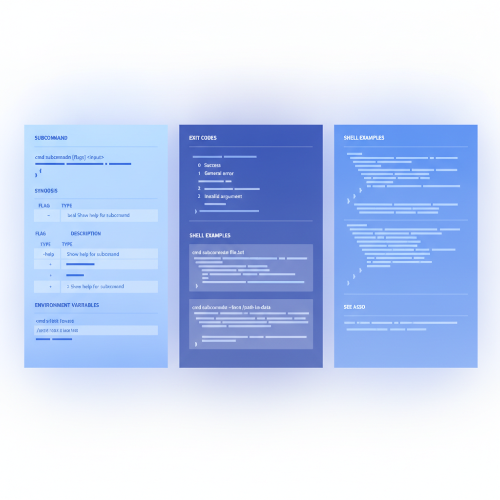 A three-column CLI reference page showing a subcommand entry with synopsis, flags table, environment variables, exit codes, and shell examples