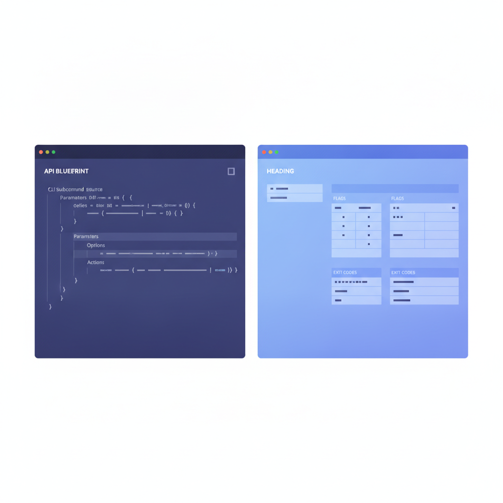 Split-pane Apidoke editor showing API Blueprint source on the left for a CLI subcommand, with the rendered 3-column reference on the right including a flags table and exit code table