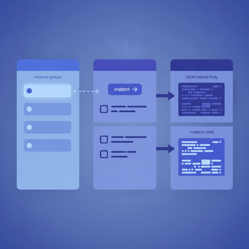 Annotated screenshot-style illustration showing three panels: left navigation with resource groups, center panel with endpoint description and parameters, right panel with a JSON request and response body