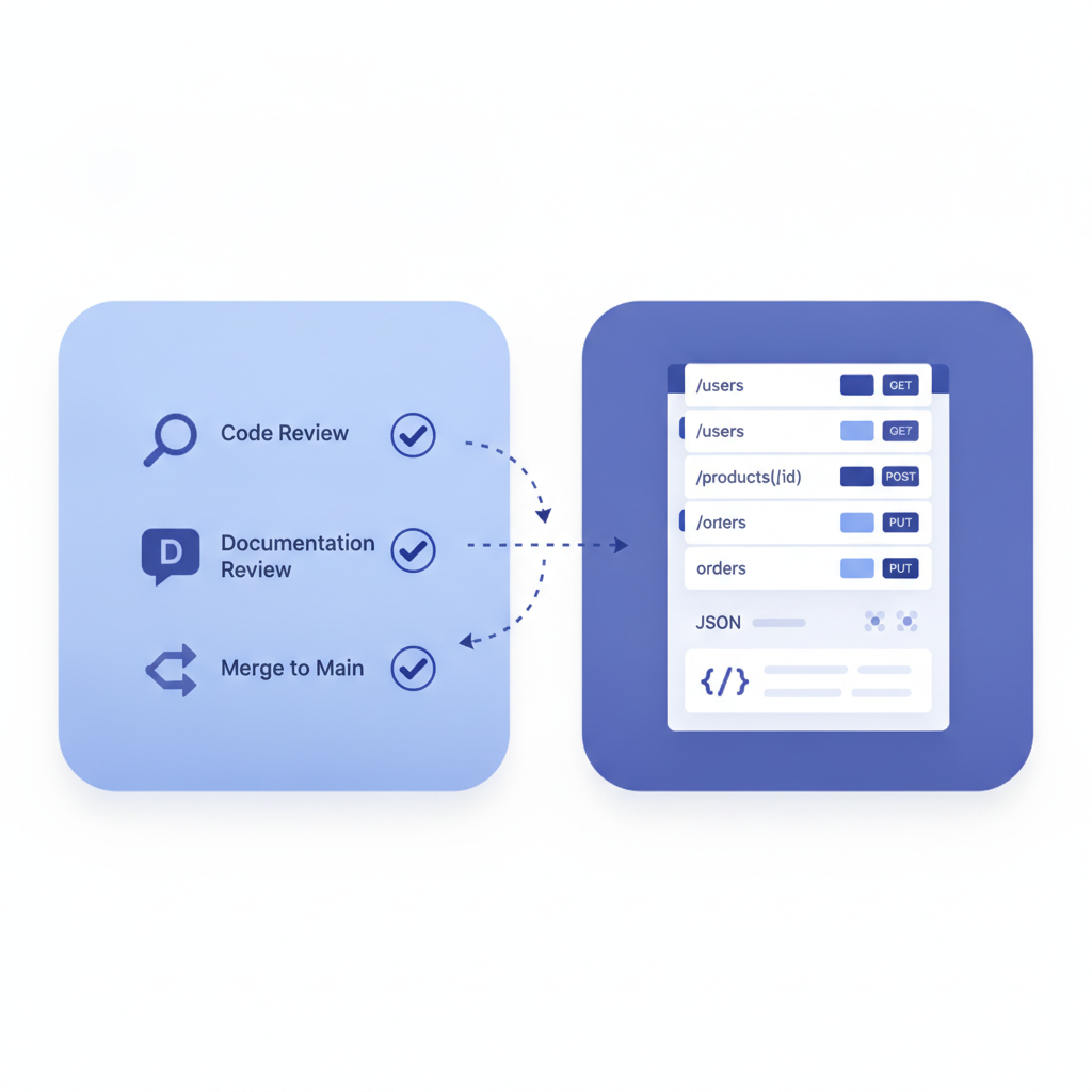 A split diagram showing a PR checklist on the left and a live API documentation preview on the right, illustrating how documentation review fits into a code review workflow