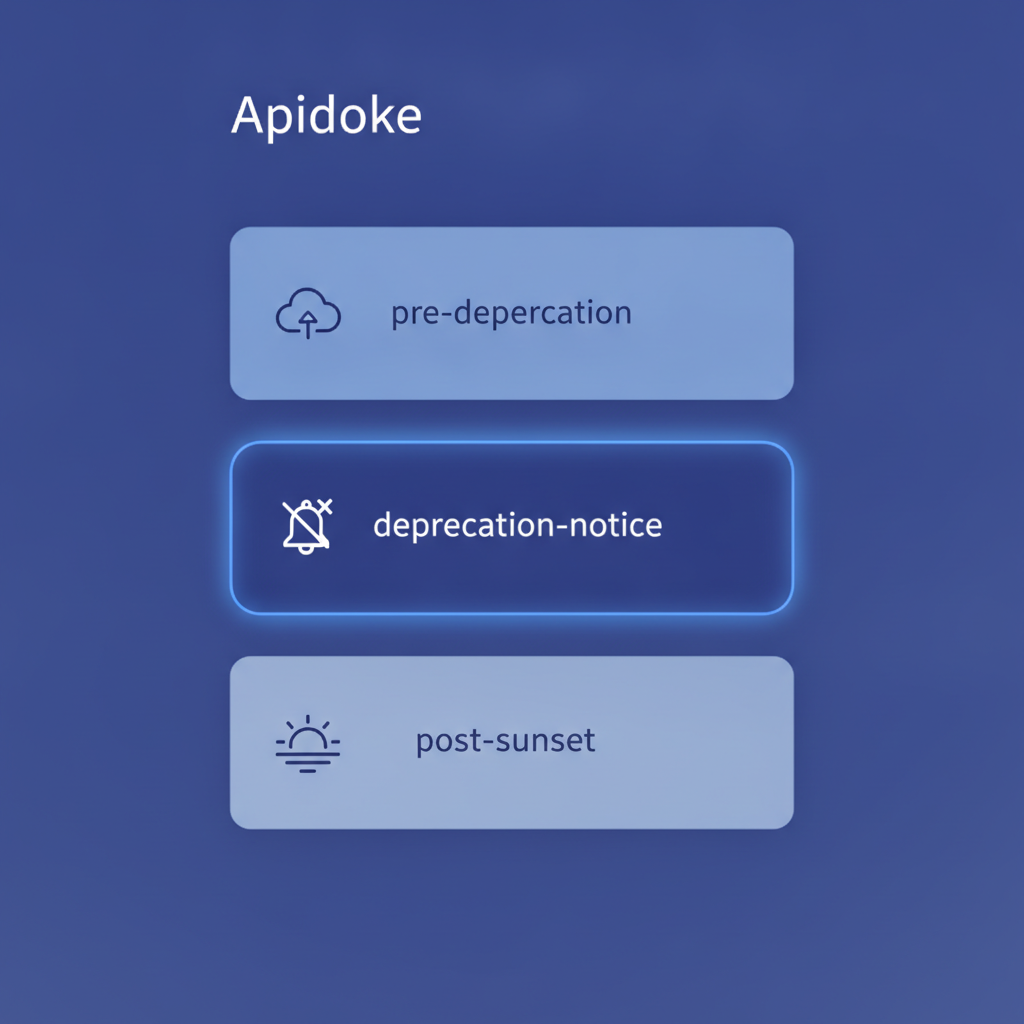 Apidoke version history panel showing three named snapshots: pre-deprecation, deprecation-notice, and post-sunset, with the deprecation snapshot selected