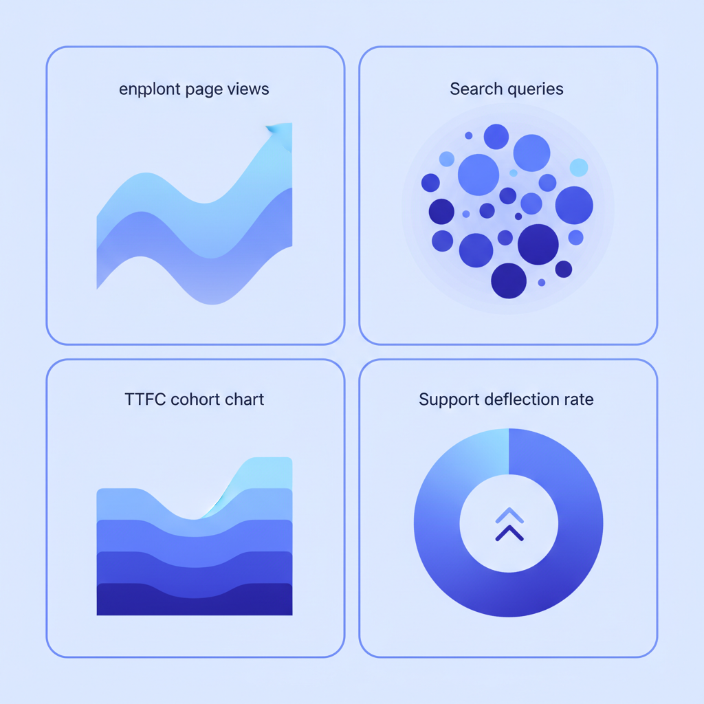 Simple 2x2 dashboard mockup showing four metric tiles: endpoint page views, search queries, TTFC cohort chart, and support deflection rate
