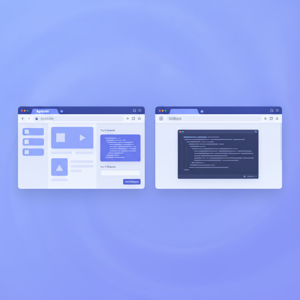 side-by-side browser screenshot showing Apidoke three-column layout with try-it console on the right versus a GitBook page with a static code block