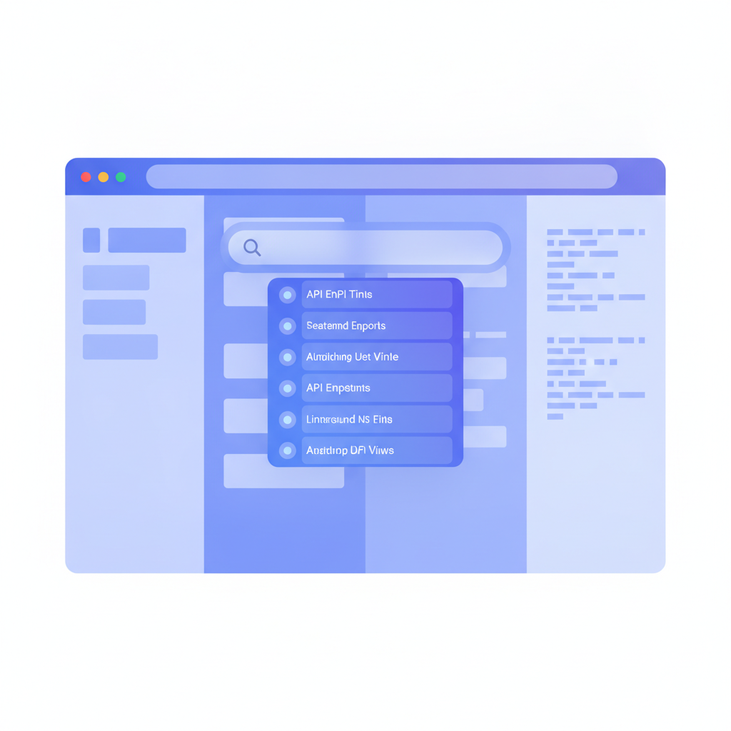 A simple browser search bar overlaying a 3-column API documentation viewer, showing a dropdown list of matching endpoint titles