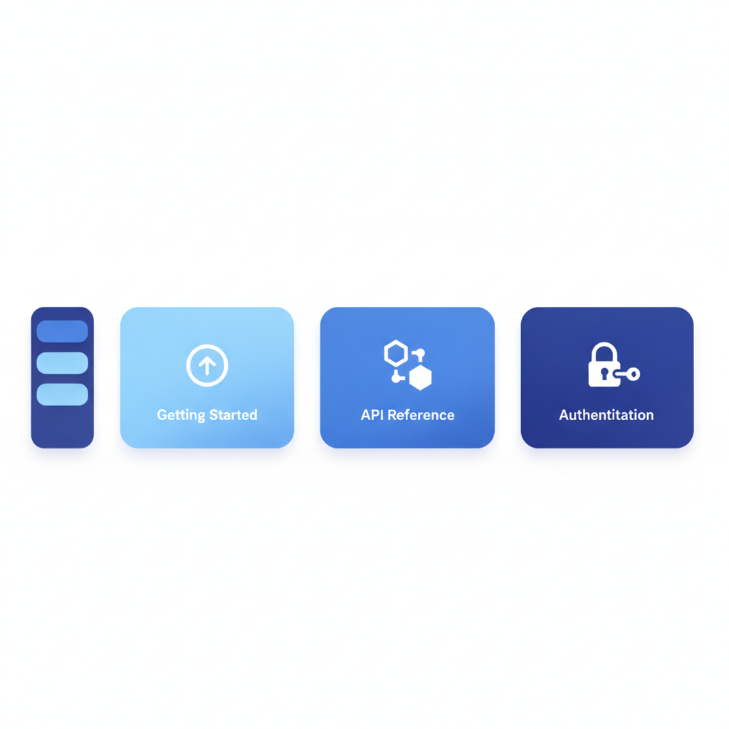 A minimal developer portal with three sections visible: Getting Started, API Reference, and Authentication, with a sidebar navigation and clean typography