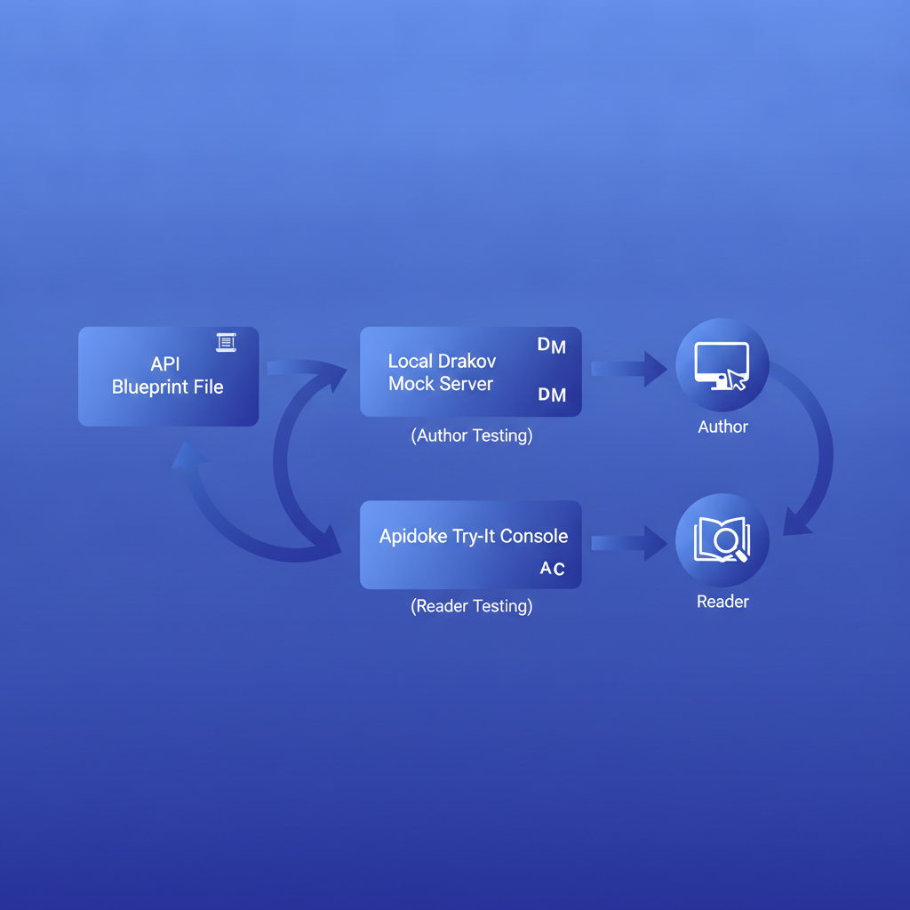 Diagram showing the two-stage workflow: API Blueprint file feeding both a local Drakov mock server (author testing) and the Apidoke try-it console (reader testing), with arrows indicating HTTP request flow in each case
