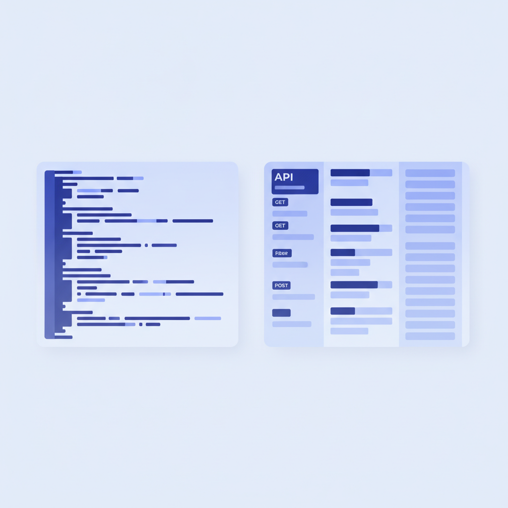 Side-by-side screenshot concept showing a raw API Blueprint file in a split-pane editor on the left and the rendered three-column API reference output on the right, no text labels in the image