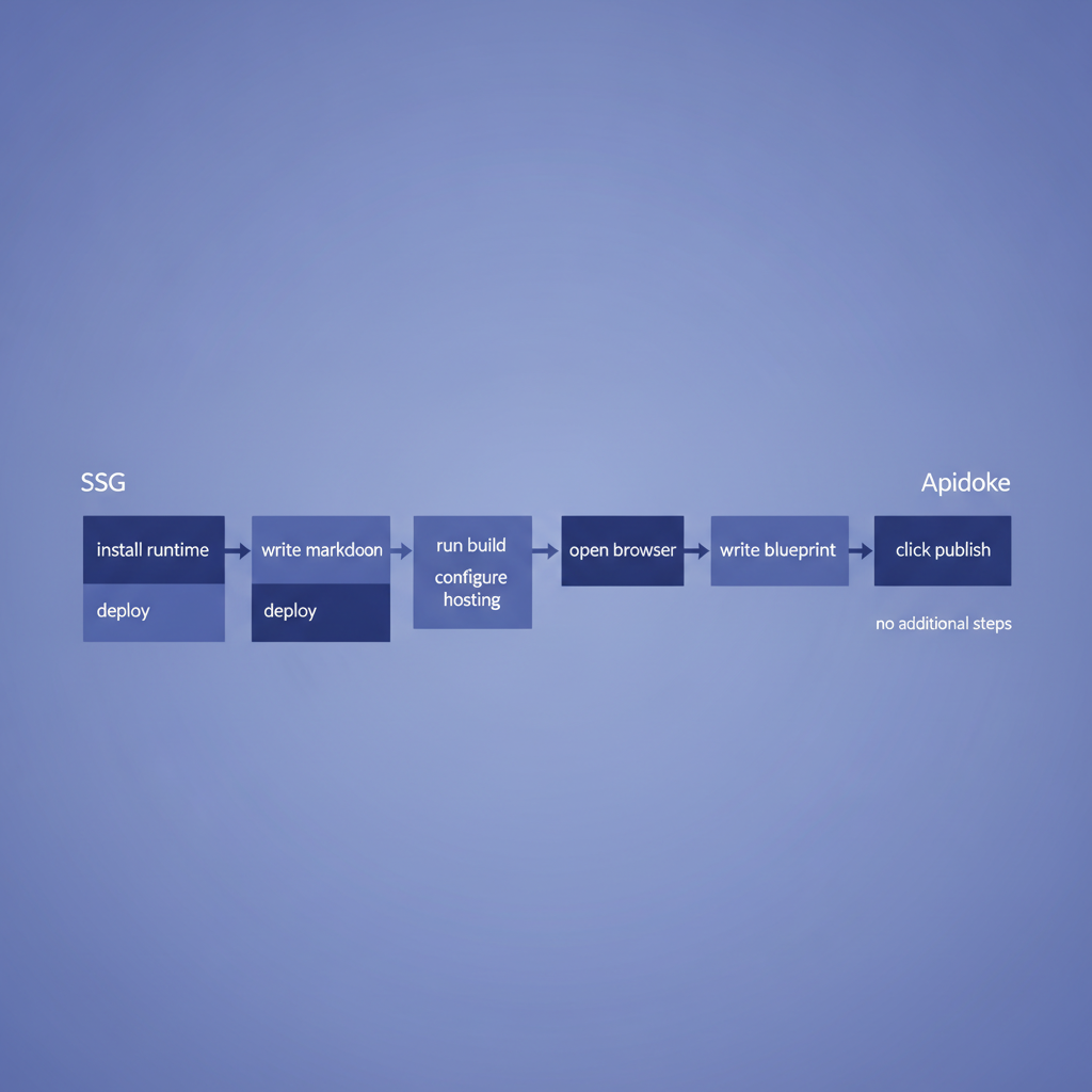 Diagram showing two parallel workflow paths: left path labeled SSG with steps install runtime, write markdown, run build, configure hosting, deploy; right path labeled Apidoke with steps open browser, write blueprint, click publish, no additional steps