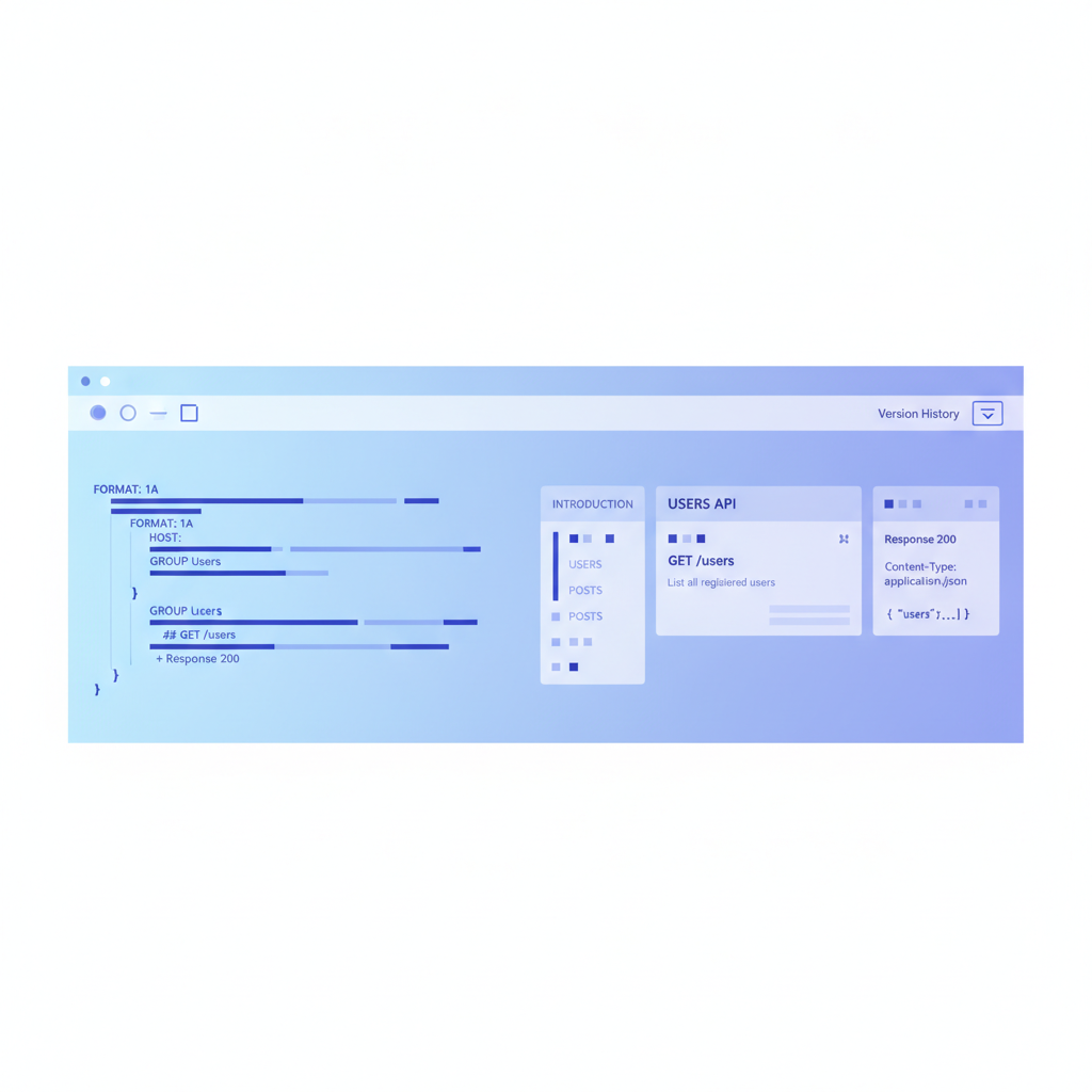 A split-pane view showing an API Blueprint source on the left and the rendered three-column documentation on the right, with a version history dropdown visible in the toolbar