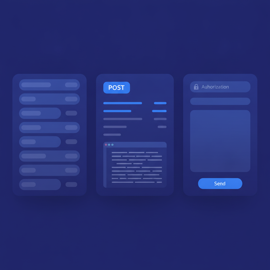 A three-column API documentation interface showing a navigation sidebar with grouped endpoints, a centre content pane with a POST endpoint description and code sample, and a right-column try-it console with an authorization field and a Send button