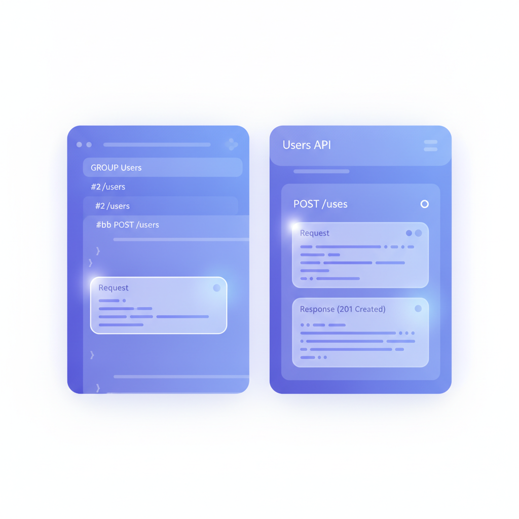 A side-by-side split-pane editor view showing API Blueprint markdown on the left with a live rendered API reference preview on the right, highlighting the request and response blocks for a POST endpoint