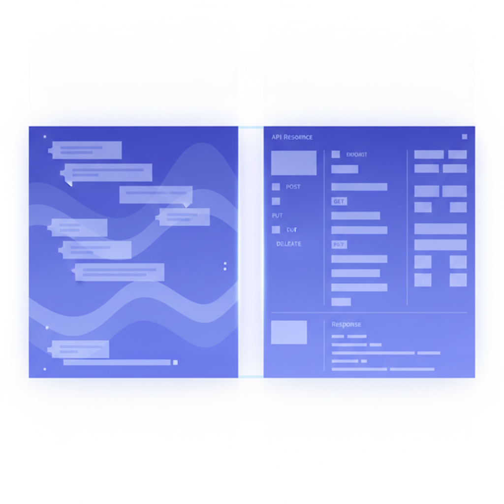 Split-pane view showing API Blueprint markdown on the left and a rendered three-column API reference on the right, no text