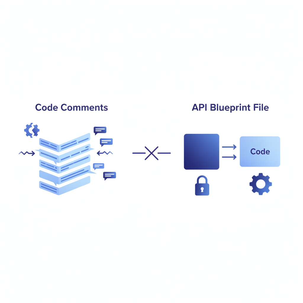 Diagram comparing annotation-drift risk in code comments versus a separate API Blueprint file in version control, no text