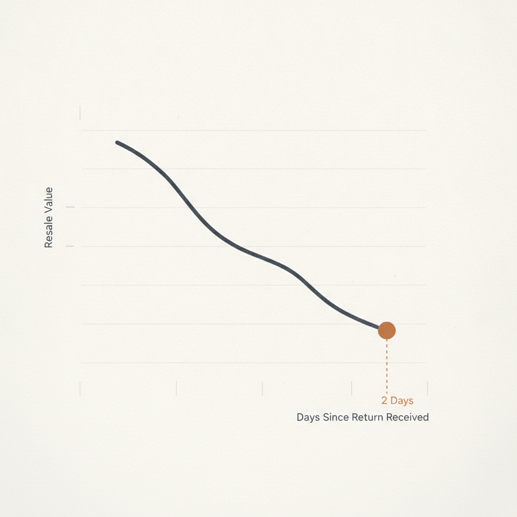 a simple line chart showing resale value declining over days since a return was received, with a marker at 48 hours