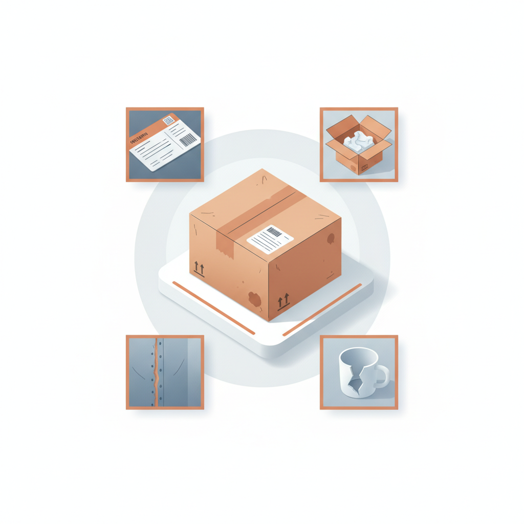 a returned parcel on a scanning station with four photo thumbnails arranged around it representing label, opened parcel, item, and defect