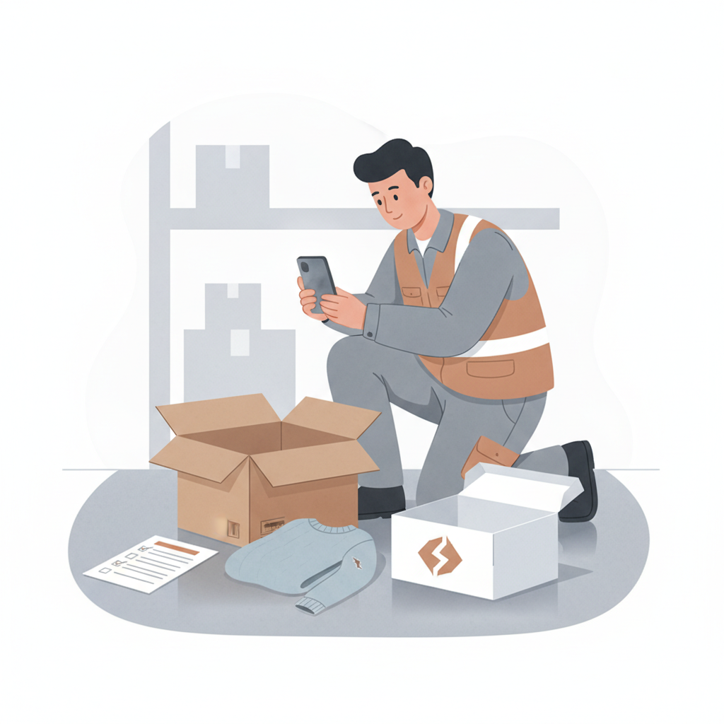 a warehouse worker photographing an opened return parcel next to the item, clean documentation style, no text