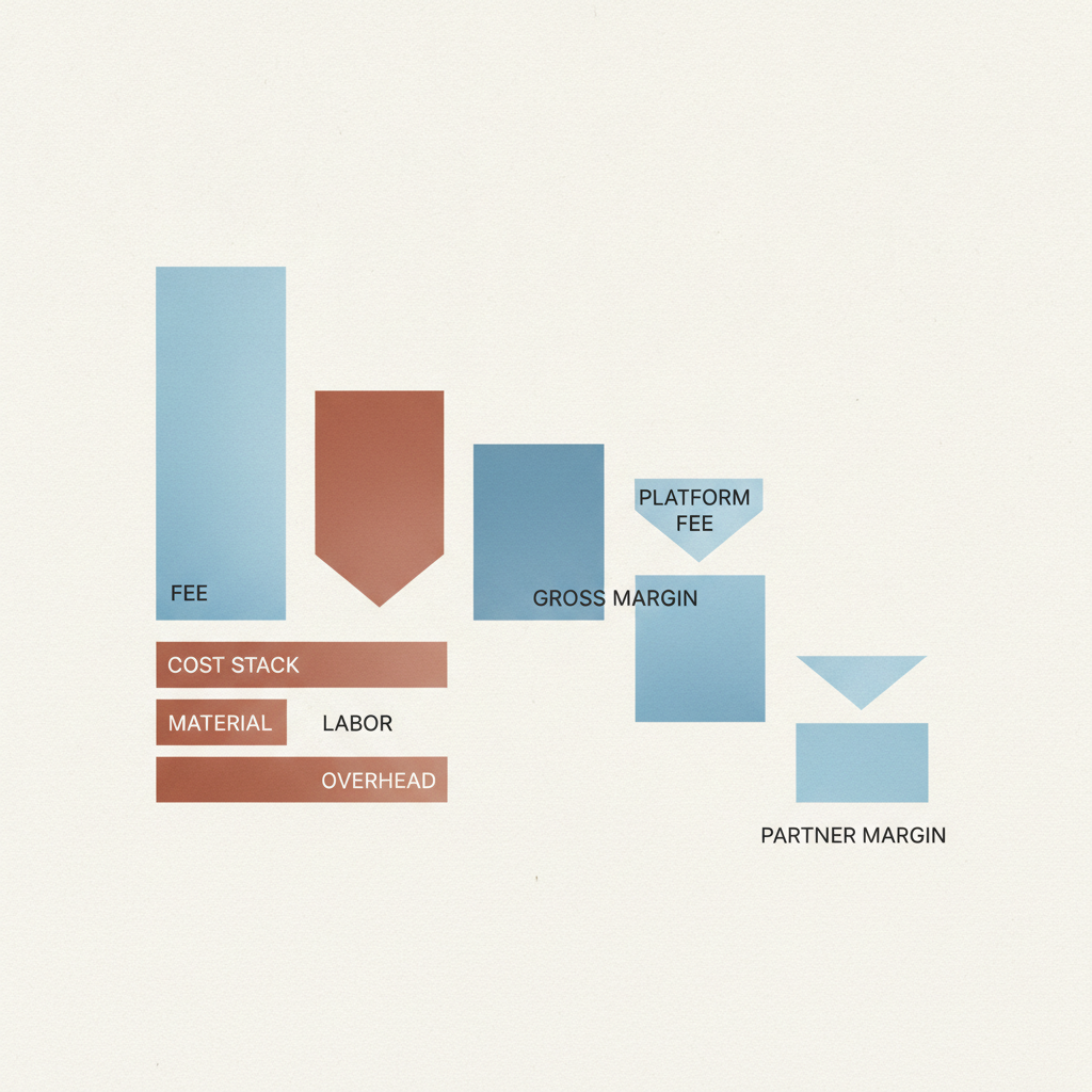 A simple margin waterfall chart showing per-unit fee minus cost stack equals partner margin