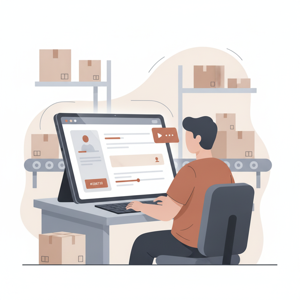 a returns operator at a workstation configuring a new brand tenant dashboard, warehouse setting