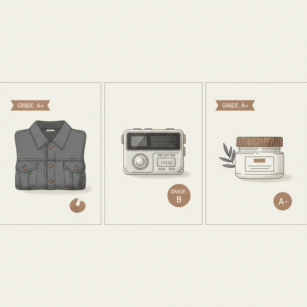 side-by-side photo grid showing a graded garment, a graded electronics item, and a graded beauty product with condition tags overlaid