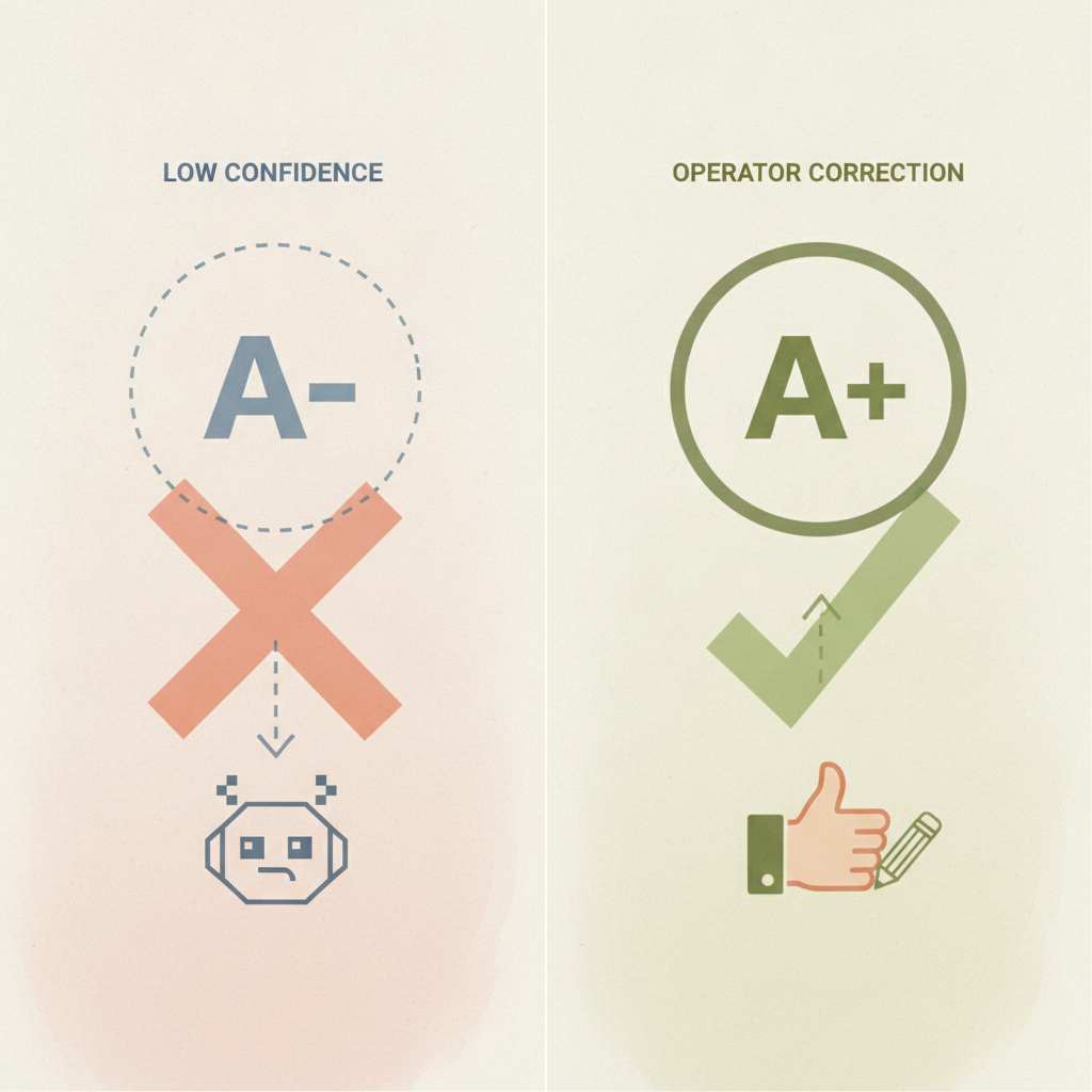 split-screen photo comparison showing an AI-flagged low-confidence grade next to an operator correction on a receiving screen