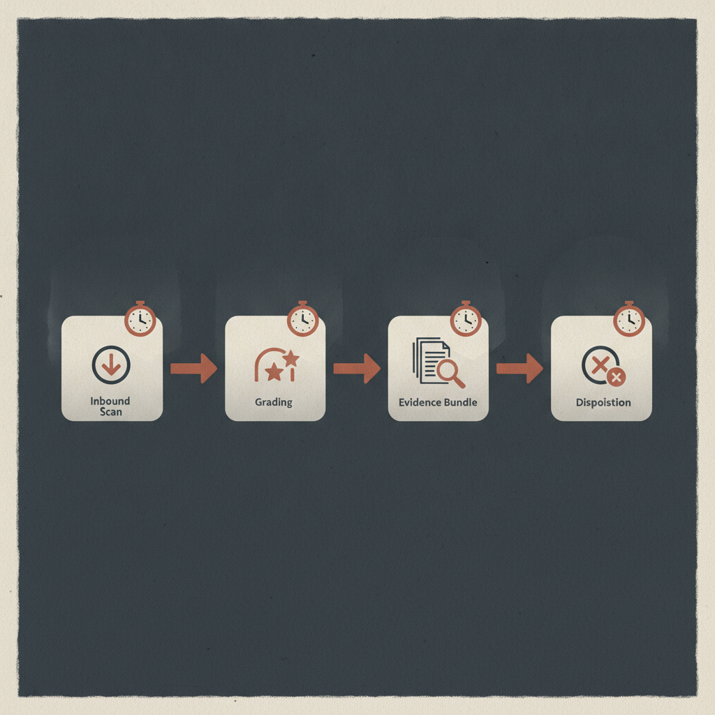a simple flowchart showing inbound scan, grading, evidence bundle, and disposition with SLA clock icons at each stage