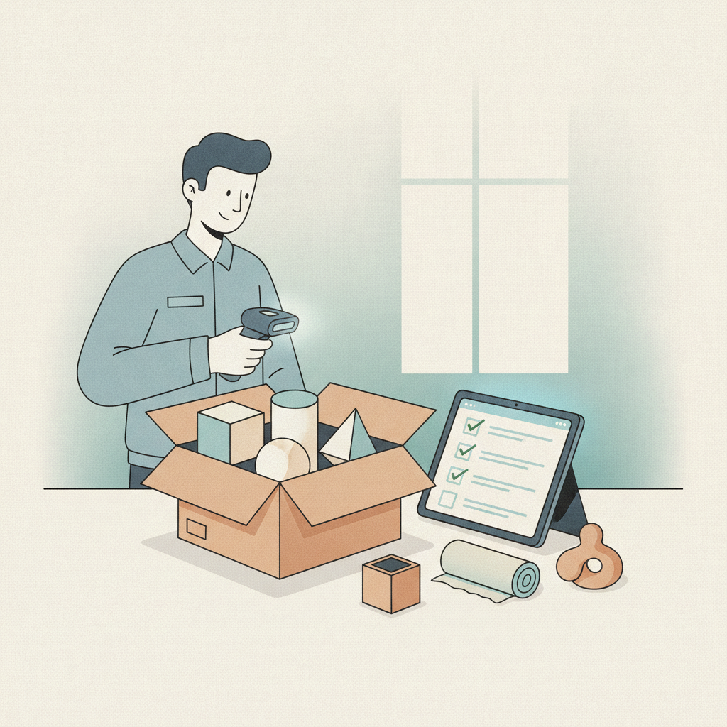 a receiving station worker scanning an opened parcel with items laid out next to a tablet showing a checklist