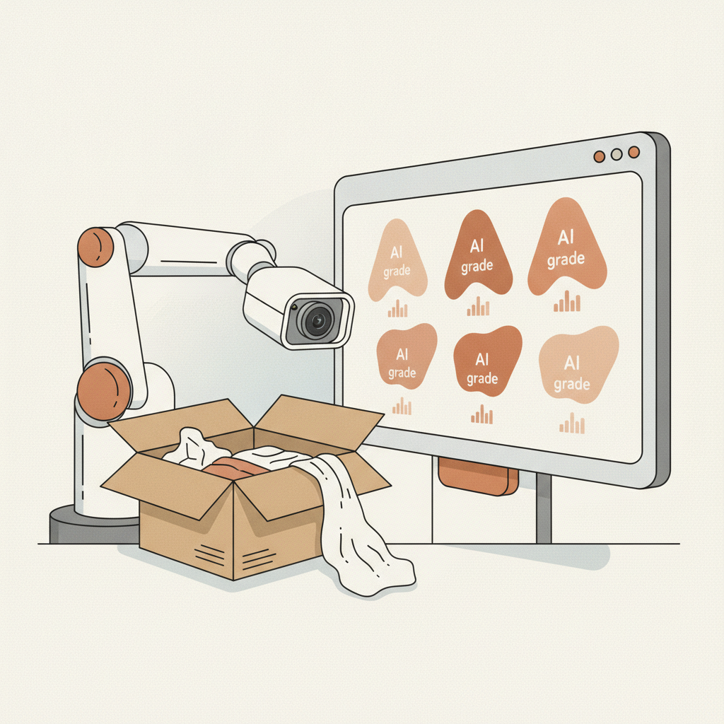 a returns receiving station with a camera arm photographing an opened parcel and a screen showing AI grade tags