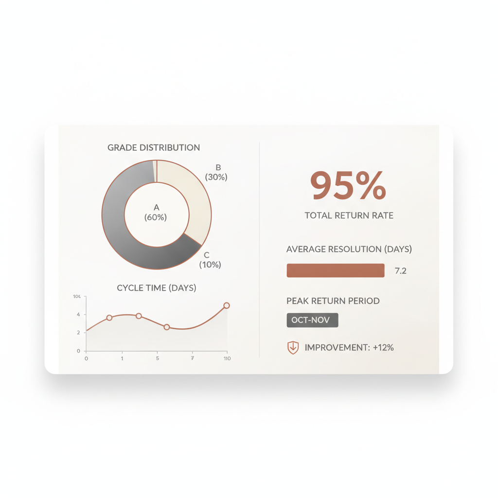 a clean dashboard screen showing a single tenant's returns metrics with grade distribution and cycle time, no other brand names visible