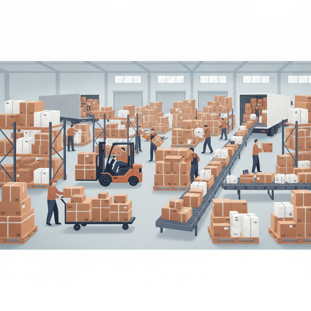 A warehouse receiving dock with stacked return parcels during a seasonal volume spike