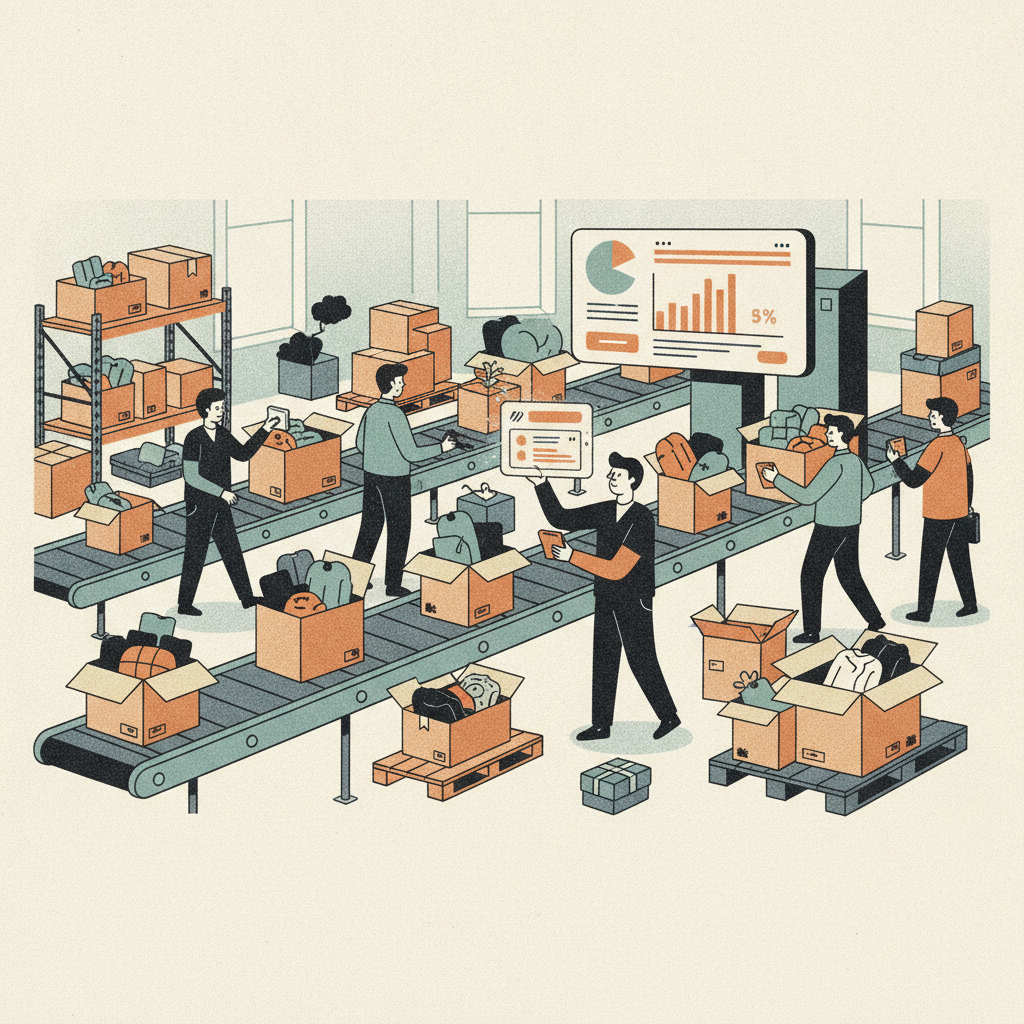 a warehouse receiving station processing a surge of holiday return boxes with a grading tablet in view
