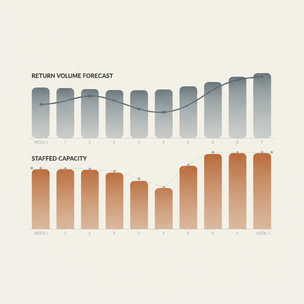 dashboard chart showing return volume forecast against staffed capacity across weeks