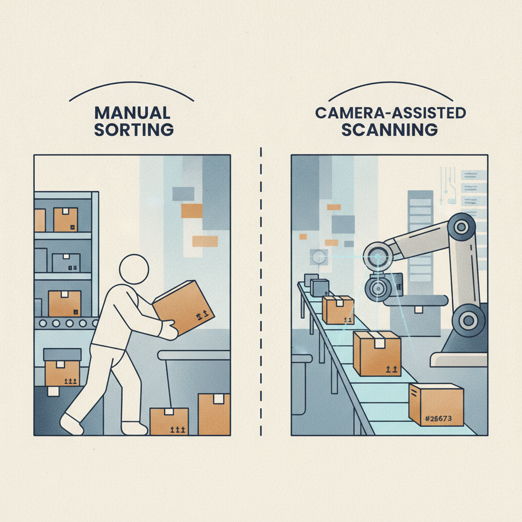 a warehouse receiving dock split into two lanes, one labeled manual sorting and one labeled camera-assisted scanning