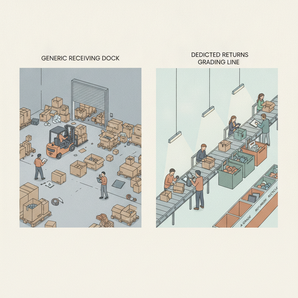 side by side warehouse comparison of a generic receiving dock versus a dedicated returns grading line