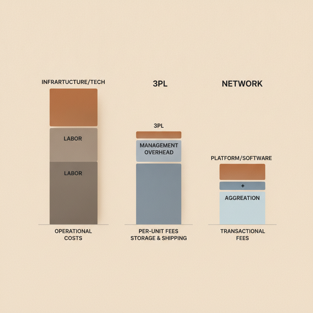 a simple cost breakdown chart comparing in-house, 3PL, and network returns processing