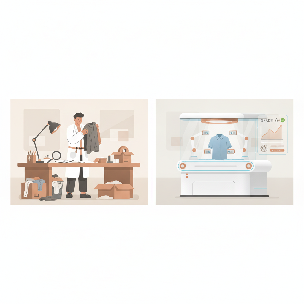 side by side comparison of a manual returns inspection desk versus an automated photo and grading station