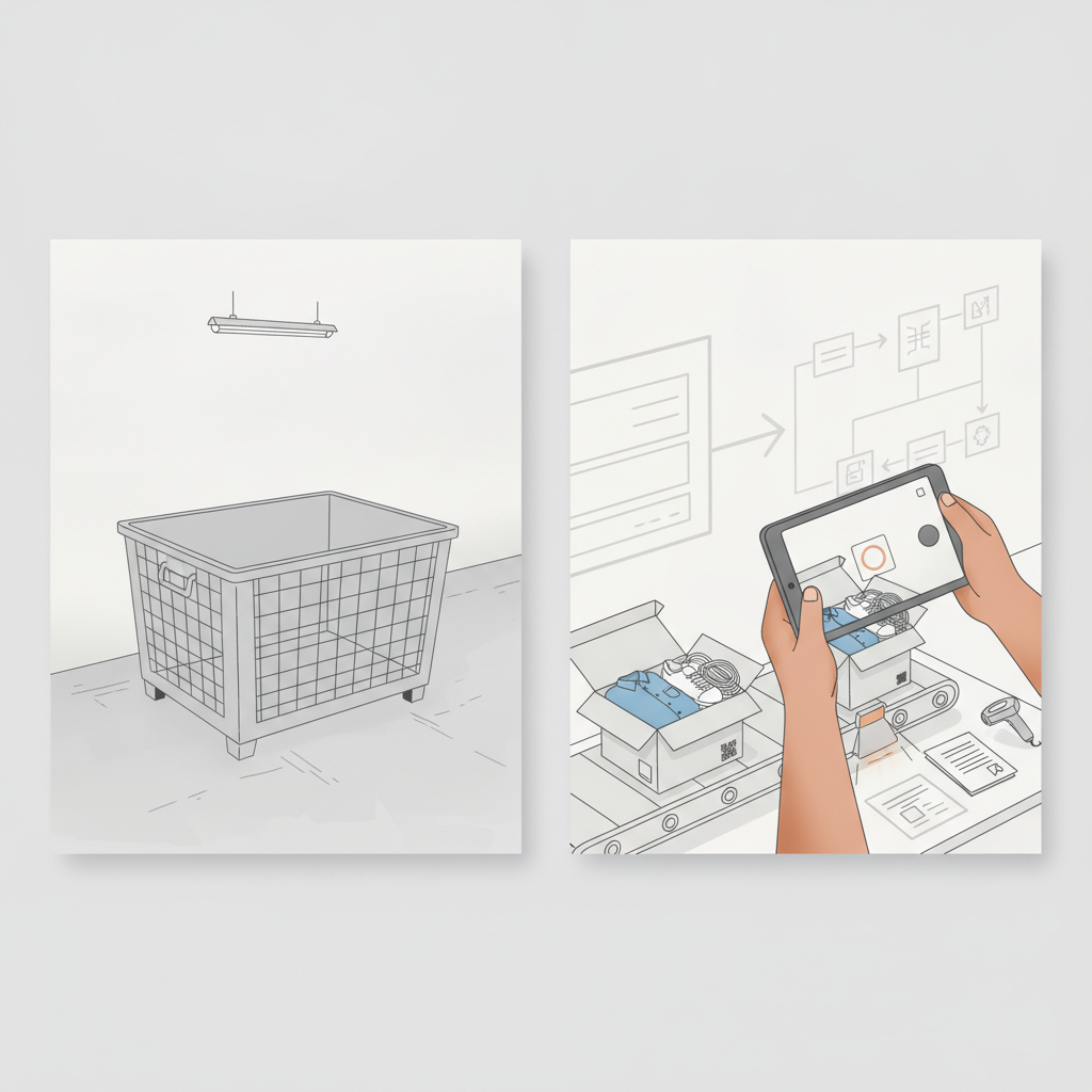 side by side of a bare warehouse receiving bin next to a documented returns photo evidence workflow