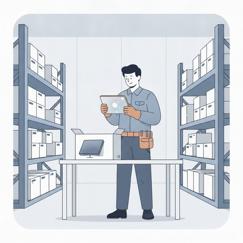 a warehouse worker photographing a returned item during intake