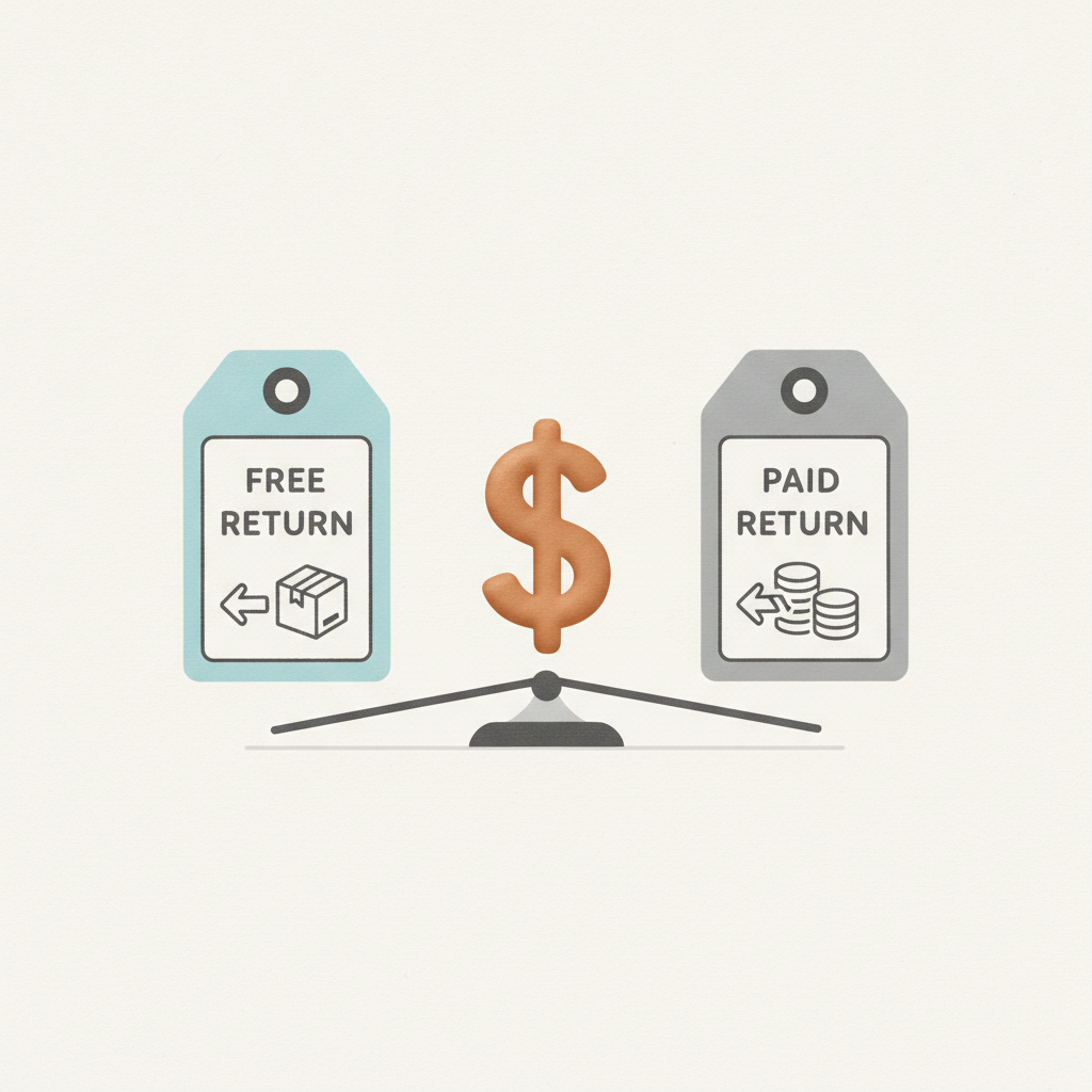 side by side scale comparing a free return shipping label against a paid return shipping label, with a dollar sign balancing between them