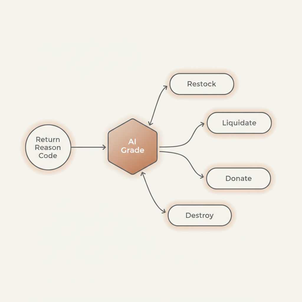 a simple flow diagram showing a return reason code entering on the left and splitting into restock, liquidate, donate, and destroy paths based on an AI grade