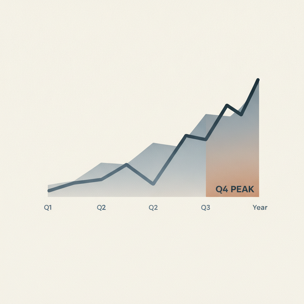 a line chart style visual showing labor cost per return rising sharply in a Q4 peak and settling back down afterward