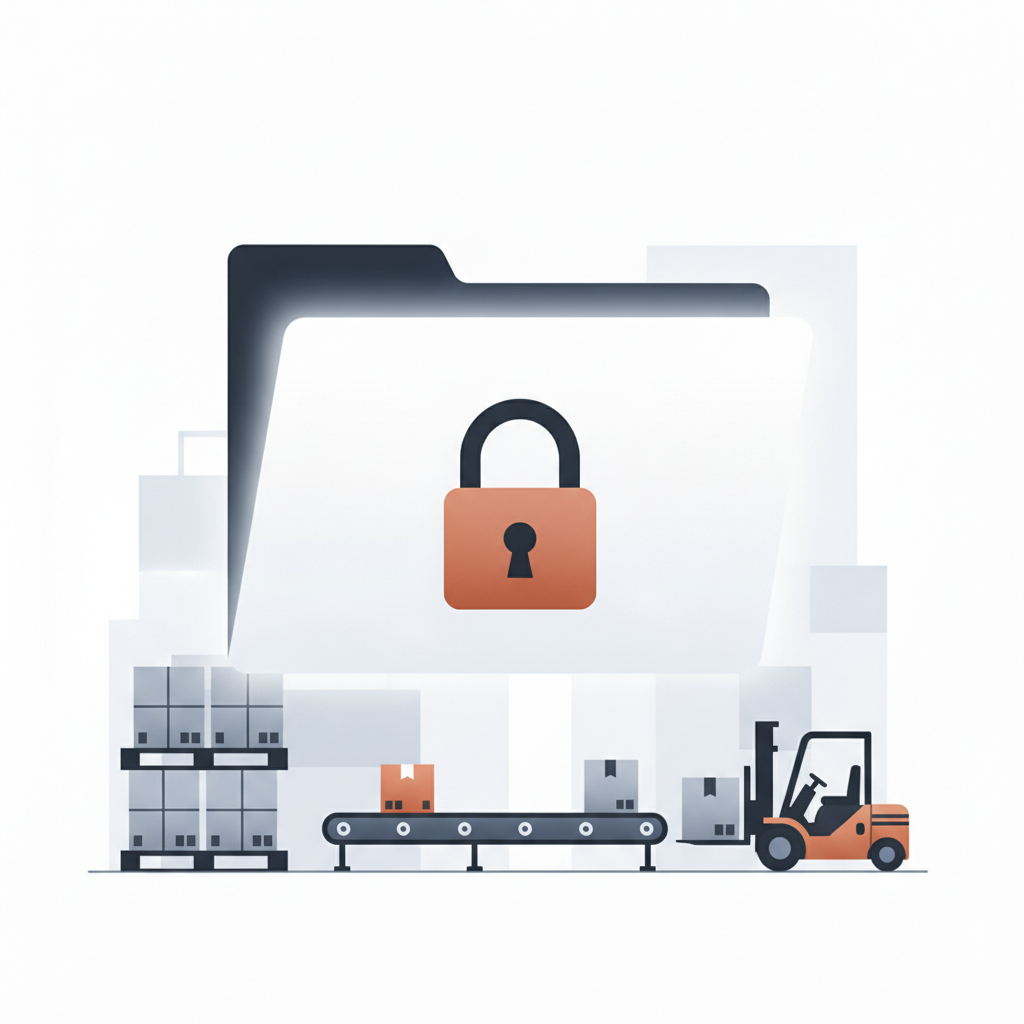 a locked digital folder icon overlaid on a warehouse receiving photo, representing access-controlled evidence storage