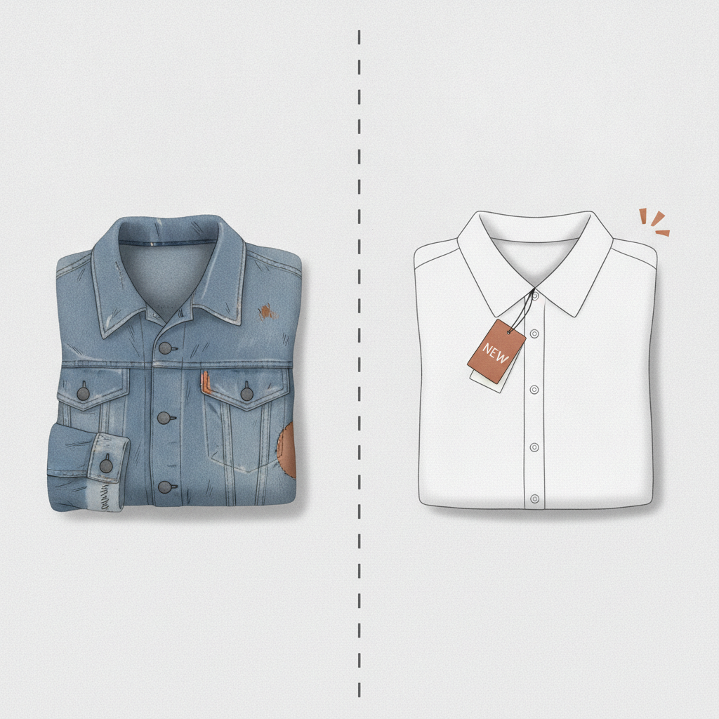 Side-by-side photo comparison showing a worn garment return with visible wear marks versus a genuinely unworn return